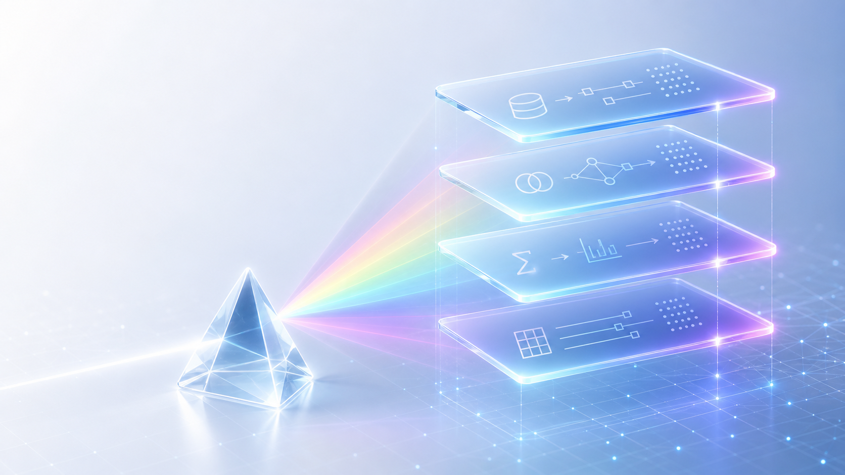 A glass prism refracting data logic into layered plan stages.