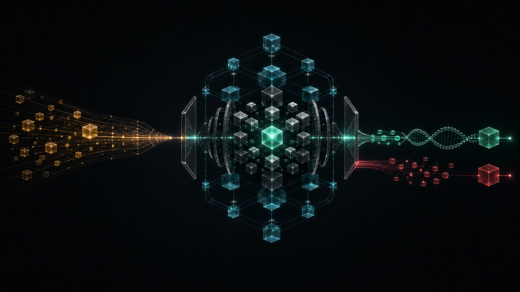 An amber untrusted proposal and cyan evidence lattice enter a central graphite and jade governed runtime, which emits separate jade admitted and crimson rejected structural outcomes.